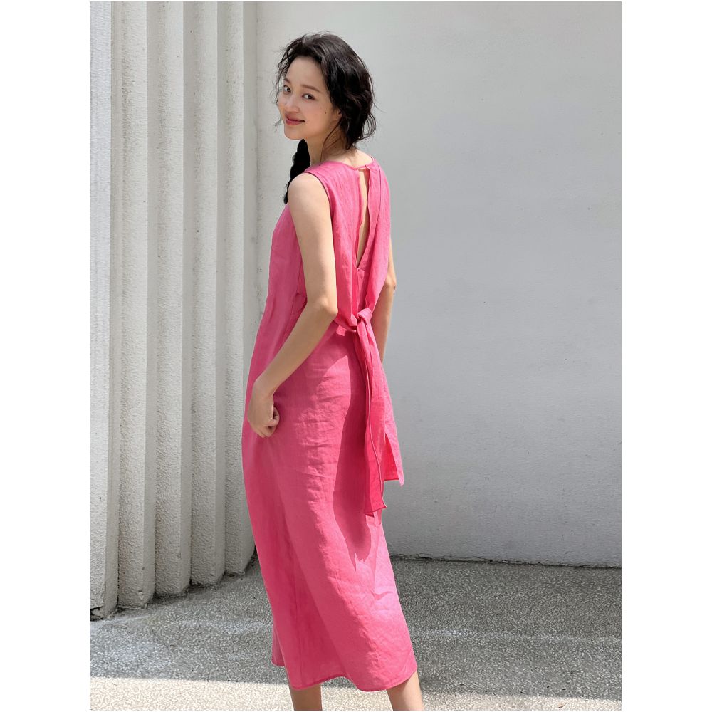 Bright and white rose pink 100 linen washed back tie skirt sleeveless dress summer image 7