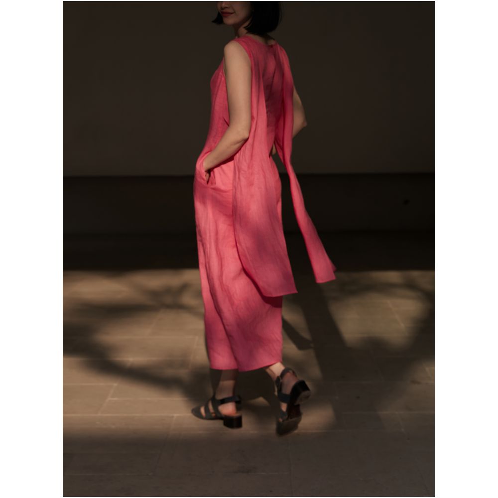 Bright and white rose pink 100 linen washed back tie skirt sleeveless dress summer image 23