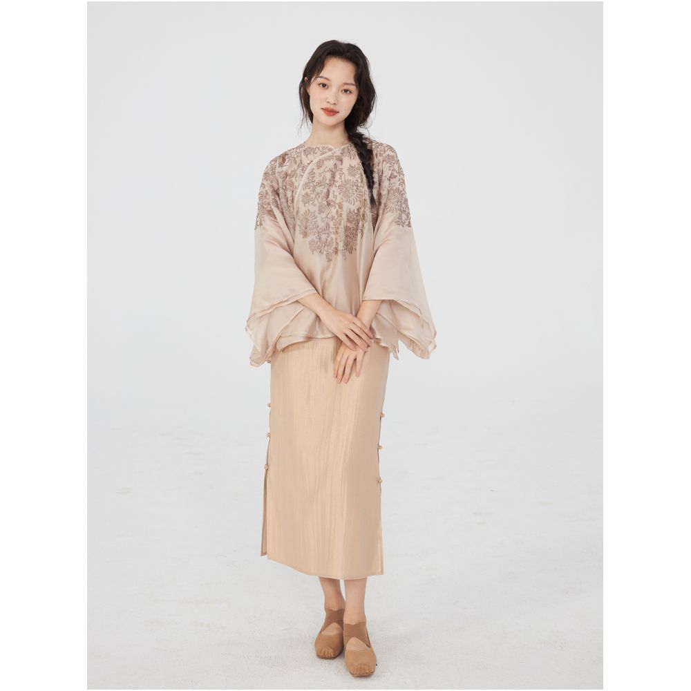 Embroidered chrysanthemum pattern New Chinese style tailoring pearlescent classic suit trumpet sleeve top skirt for women image 13