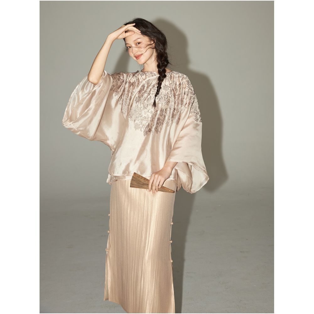 Embroidered chrysanthemum pattern New Chinese style tailoring pearlescent classic suit trumpet sleeve top skirt for women image 24