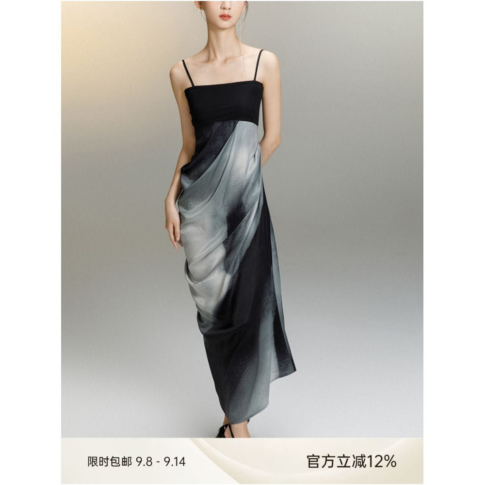MURURMI Designer Brand Knitted Splicing Waist Hanging Ink Printed Strap Dress image 0