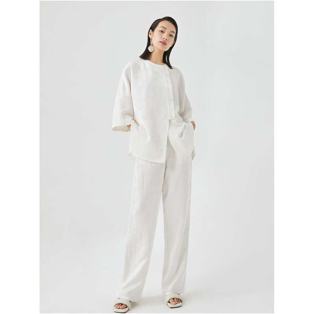 Ruyi Lianyun Spring Summer New Retro Chinese Casual Pants for Women Jacquard Lace Lotus Leaf Edge Slim and Long Pants image 4