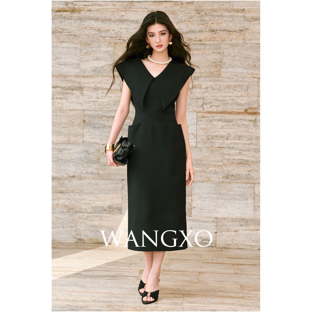 WANGXO Customized lightweight linen satin front and rear double V neck u0026large lapel waist cinched sleeveless Hepburn style dress image 0