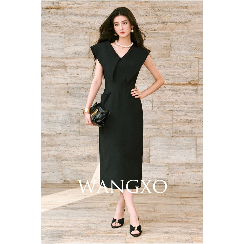 WANGXO Customized lightweight linen satin front and rear double V neck u0026large lapel waist cinched sleeveless Hepburn style dress image 7