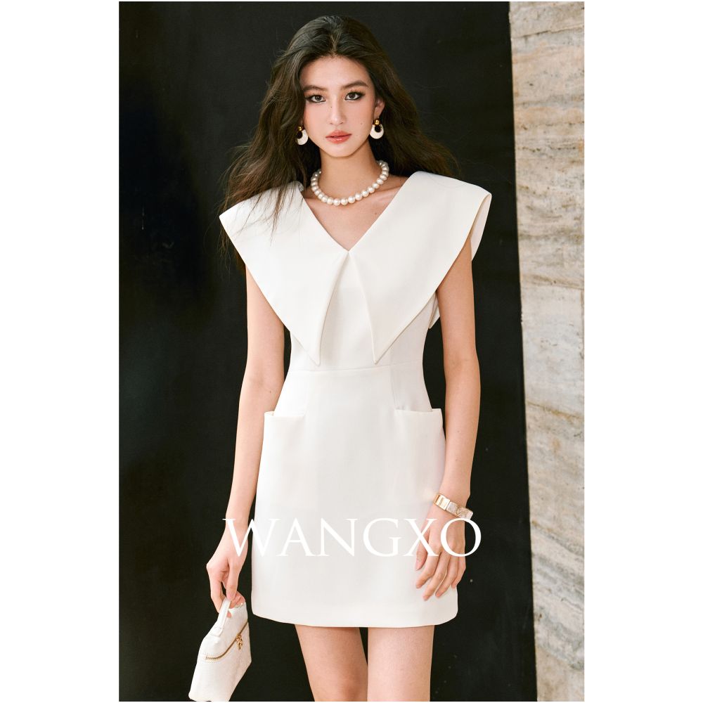 WANGXO Customized lightweight linen satin front and rear double V neck u0026large lapel waist cinched sleeveless Hepburn style dress image 22