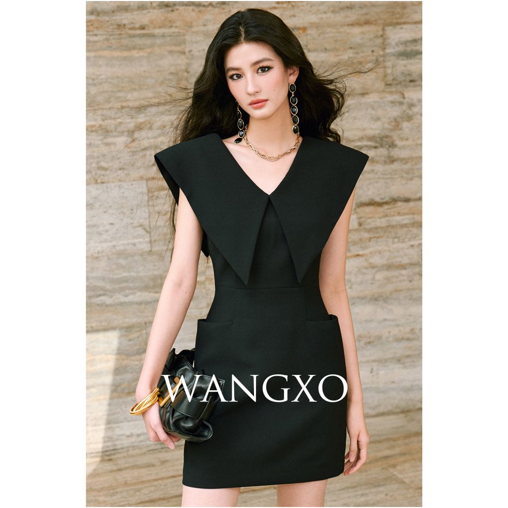 WANGXO Customized lightweight linen satin front and rear double V neck u0026large lapel waist cinched sleeveless Hepburn style dress image 24