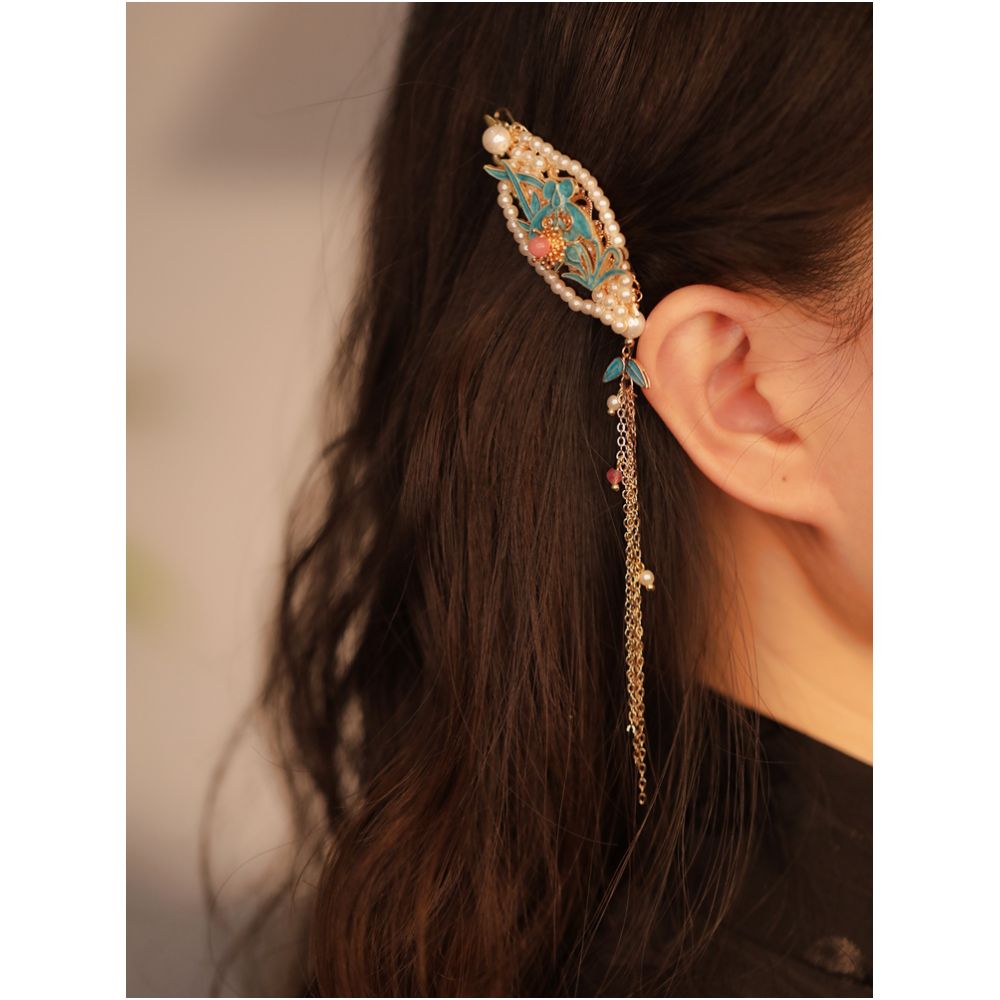 Side ear hair clip high end exquisite side tassel edge clip burned blue forehead hair accessory forehead and ear hair clip Chinese style headwear image 2