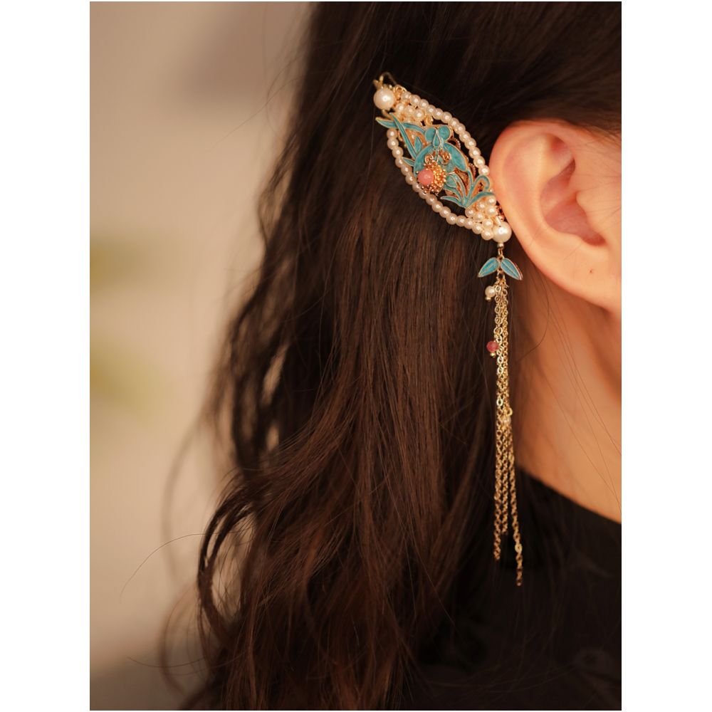 Side ear hair clip high end exquisite side tassel edge clip burned blue forehead hair accessory forehead and ear hair clip Chinese style headwear image 0