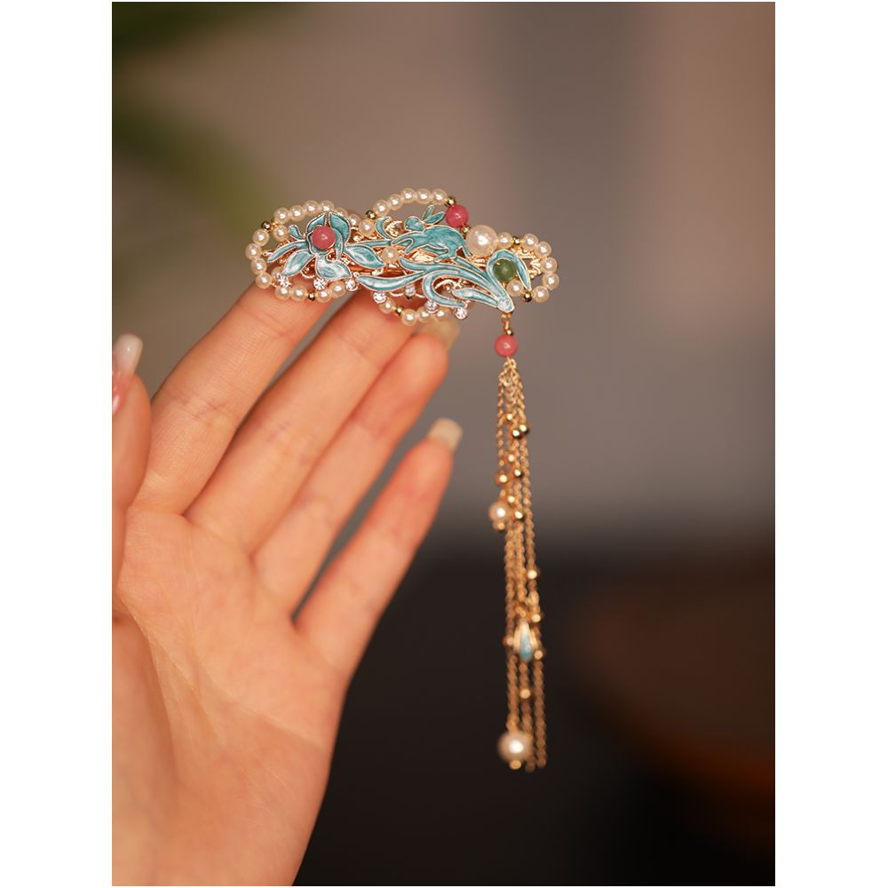 Side ear hair clip high end exquisite side tassel edge clip burned blue forehead hair accessory forehead and ear hair clip Chinese style headwear image 9
