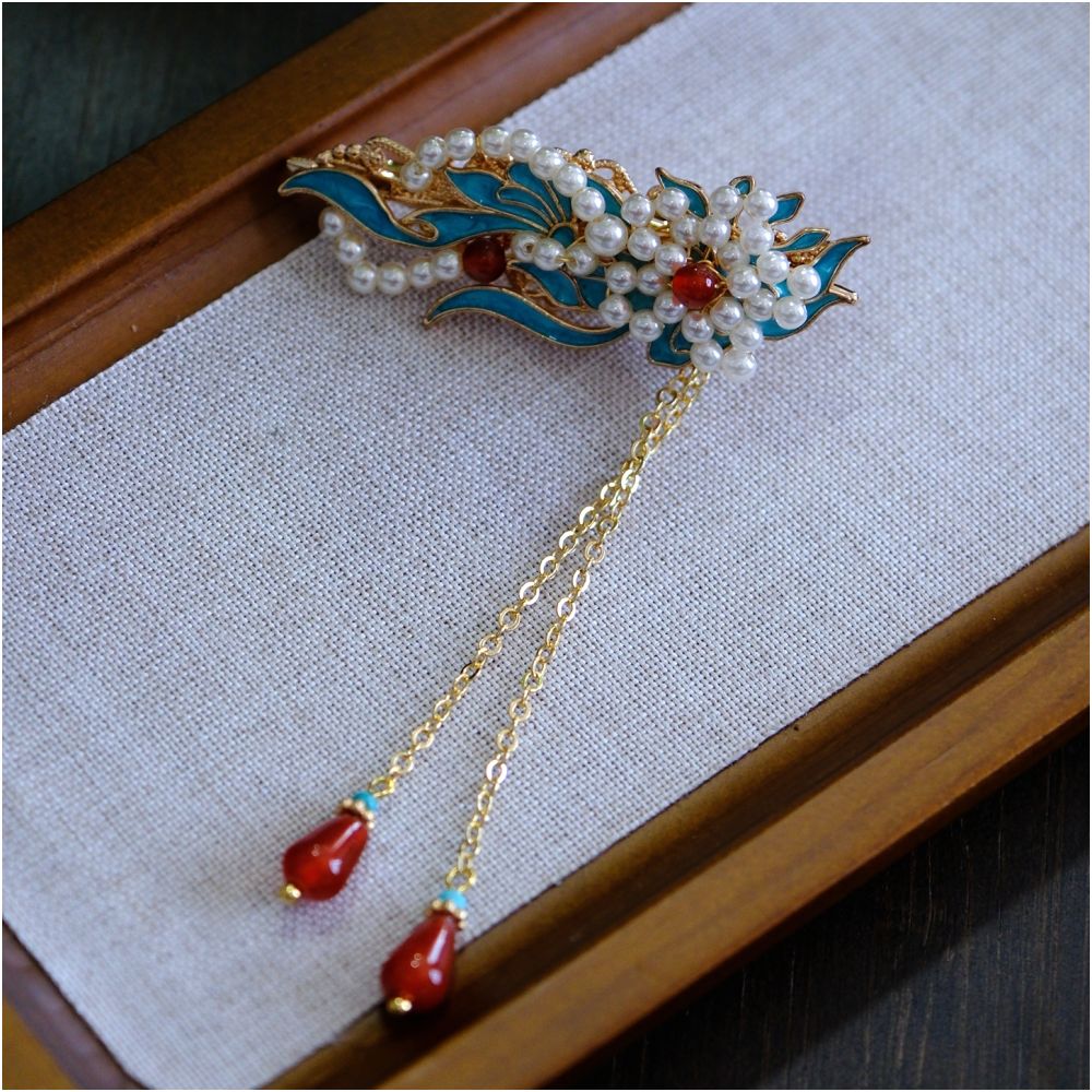 Side ear hair clip high end exquisite side tassel edge clip burned blue forehead hair accessory forehead and ear hair clip Chinese style headwear image 14