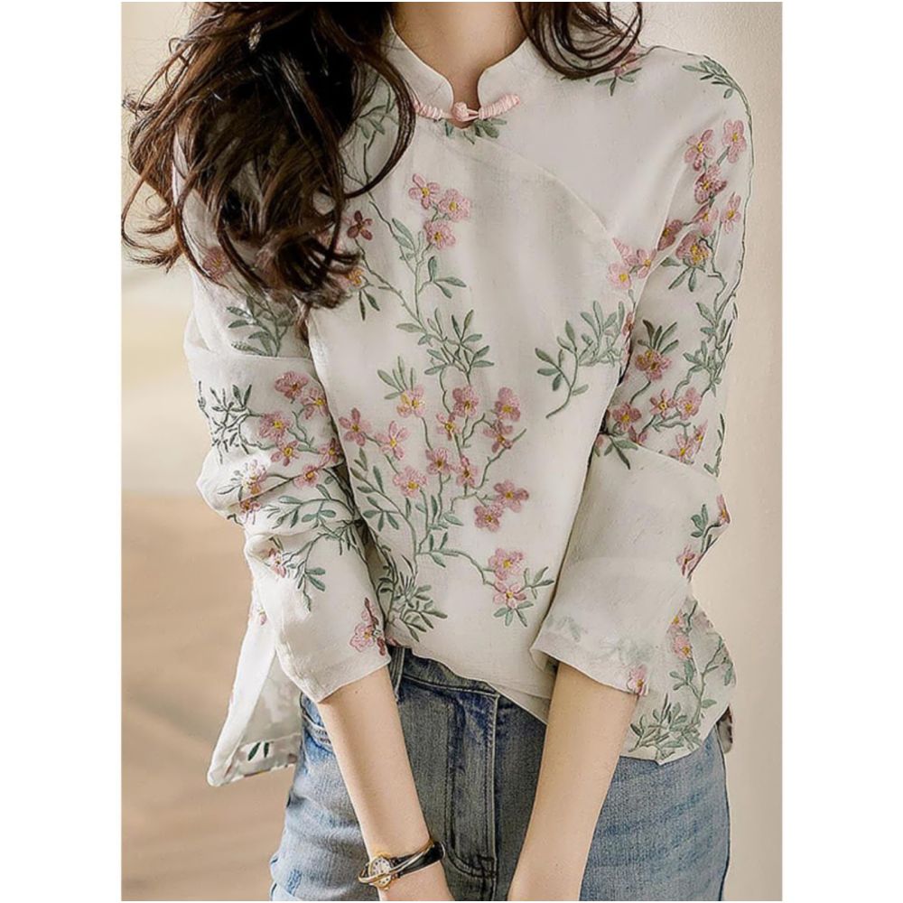 Chinese style improved cheongsam top women s spring and autumn Chinese style retro stand collar temperament buttoned cotton and linen printed long sleeved shirt image 0