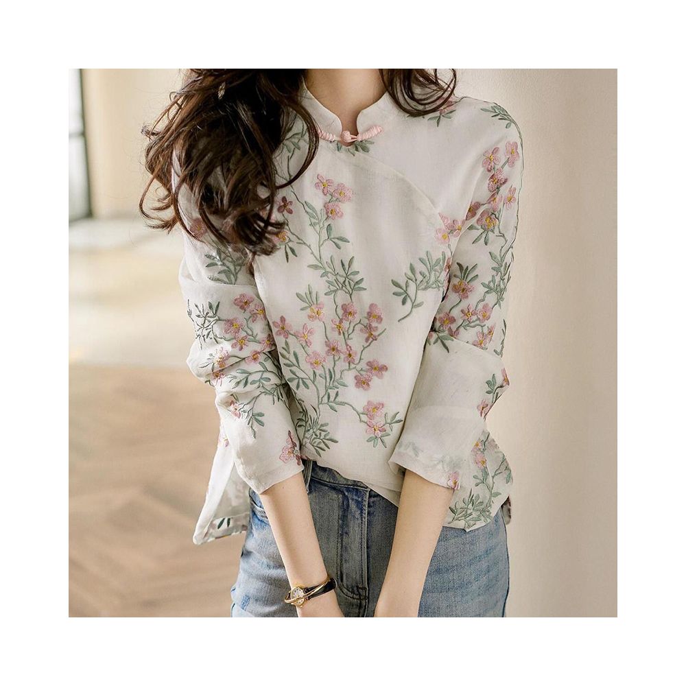 Chinese style improved cheongsam top women s spring and autumn Chinese style retro stand collar temperament buttoned cotton and linen printed long sleeved shirt image 3