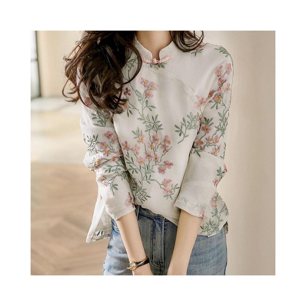Chinese style improved cheongsam top women s spring and autumn Chinese style retro stand collar temperament buttoned cotton and linen printed long sleeved shirt image 8