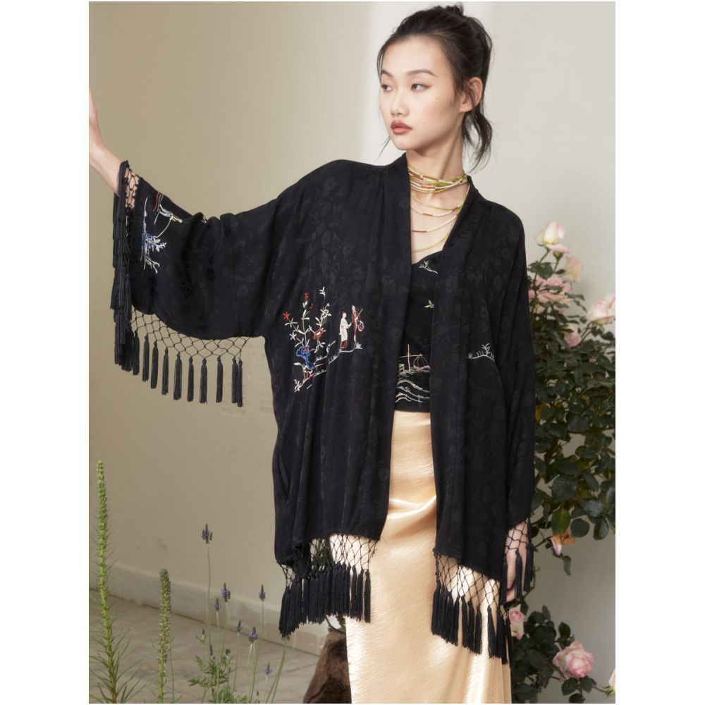 RIMLESS borderless garden scenery embroidered jacquard cardigan original niche design with tassel edge jacket image 0