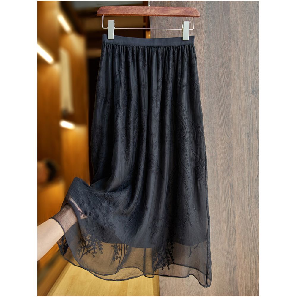 Black silk midi skirt for women in summer 2025 new heavy industry embroidery small medium and long mulberry silk A line skirt thin image 1