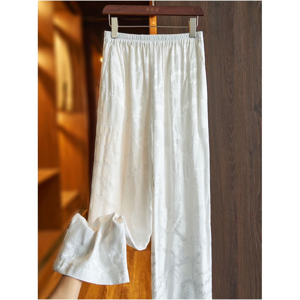 White loose silk casual pants for summer 2025 retro jacquard high waist hanging sensation mulberry silk wide leg pants for women image 0