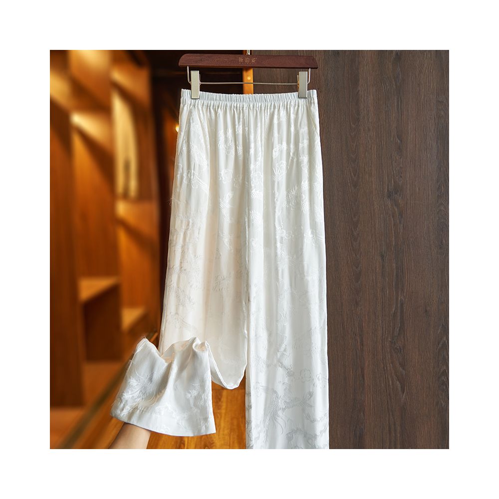 White loose silk casual pants for summer 2025 retro jacquard high waist hanging sensation mulberry silk wide leg pants for women image 9