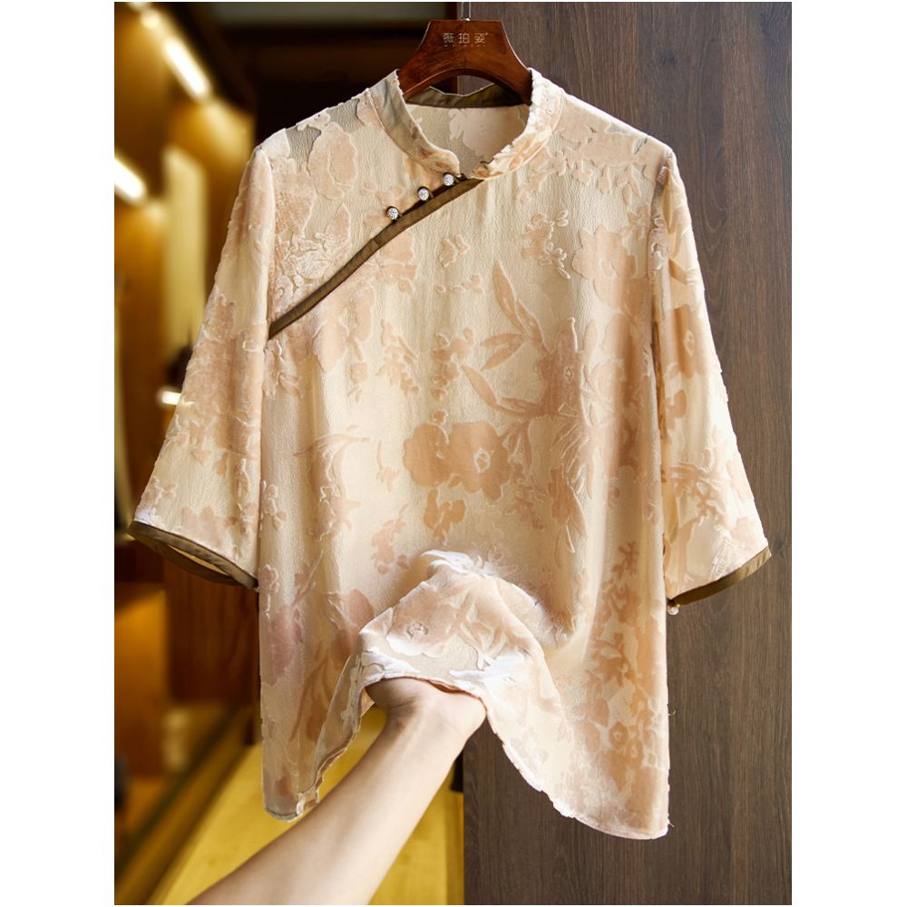 China Chic Heavyweight Silk Shirt Women s T shirt Summer New Chinese Guofeng Panbuckle Loose High end Silk Top image 16