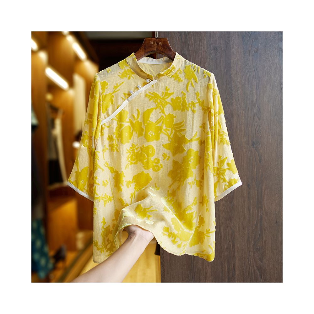 China Chic Heavyweight Silk Shirt Women s T shirt Summer New Chinese Guofeng Panbuckle Loose High end Silk Top image 26