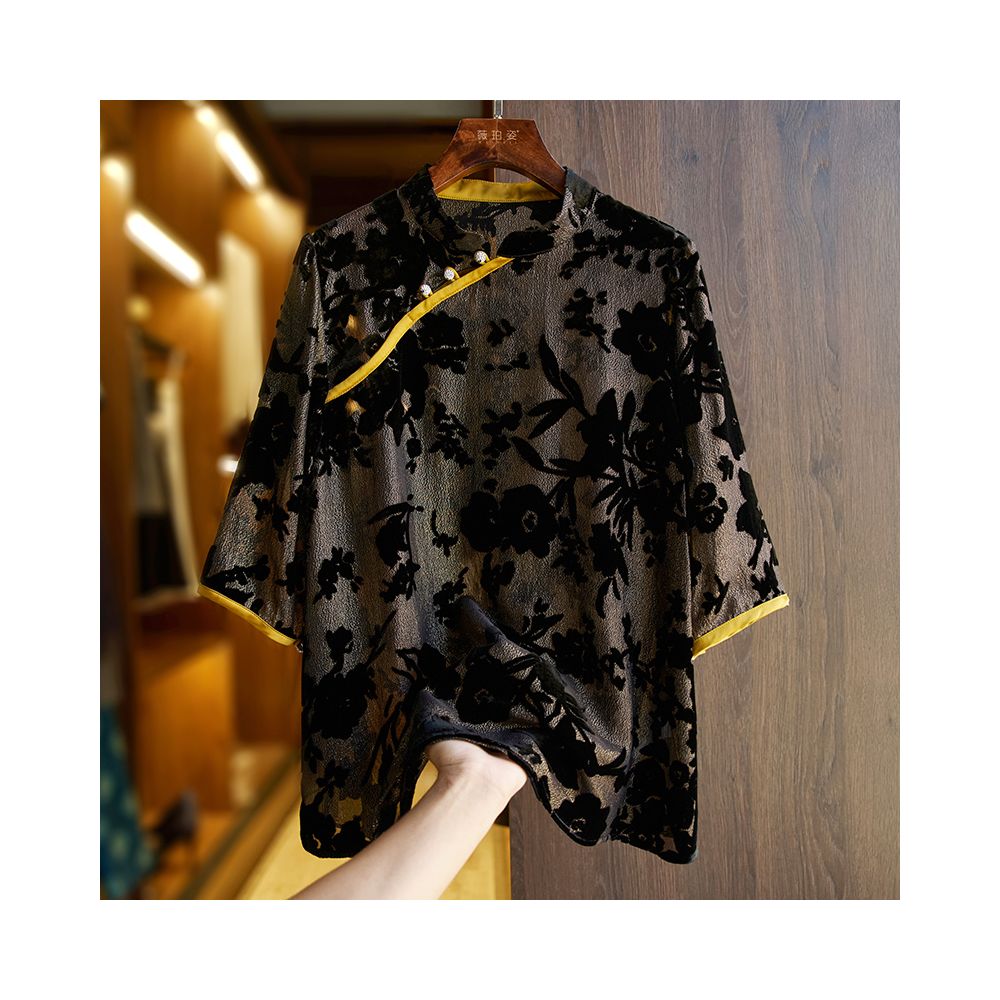 China Chic Heavyweight Silk Shirt Women s T shirt Summer New Chinese Guofeng Panbuckle Loose High end Silk Top image 10