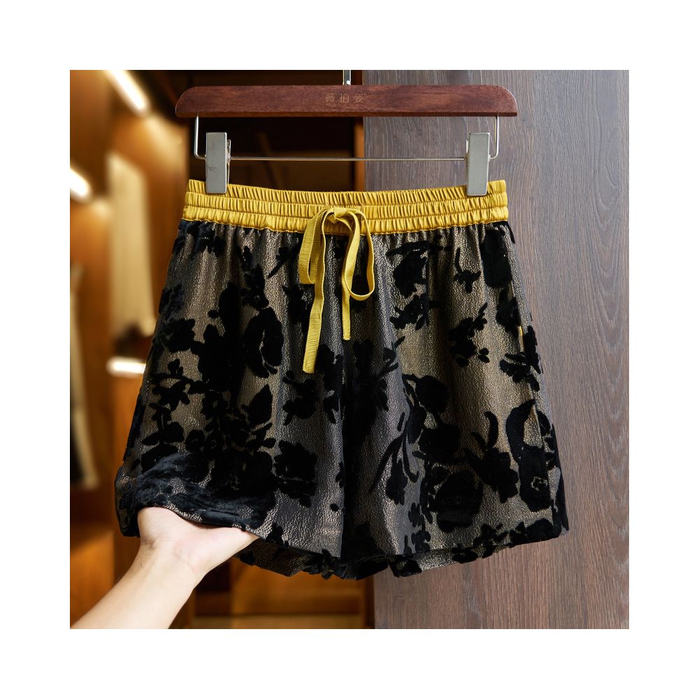 Yellow silk shorts set for women 2024 summer new high end burnt mulberry silk high waist A line wide leg pants thin image 21