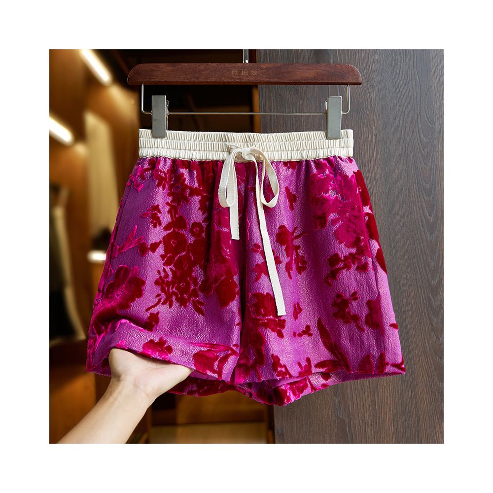 Yellow silk shorts set for women 2024 summer new high end burnt mulberry silk high waist A line wide leg pants thin image 47