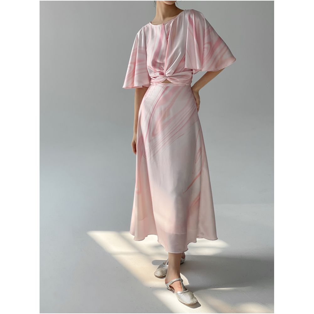 Marble pattern knot design three dimensional feeling lotus leaf sleeves elegant and lightweight loose fitting top women s summer umbrella skirt half skirt image 20