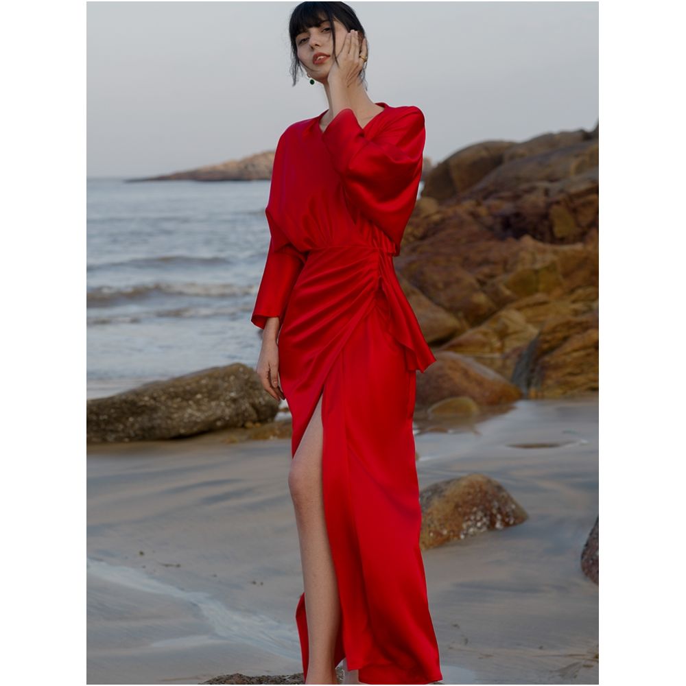 Note of Love A sophisticated bride s wedding red toast dress acetate satin jumpsuit long skirt slimming gown image 5