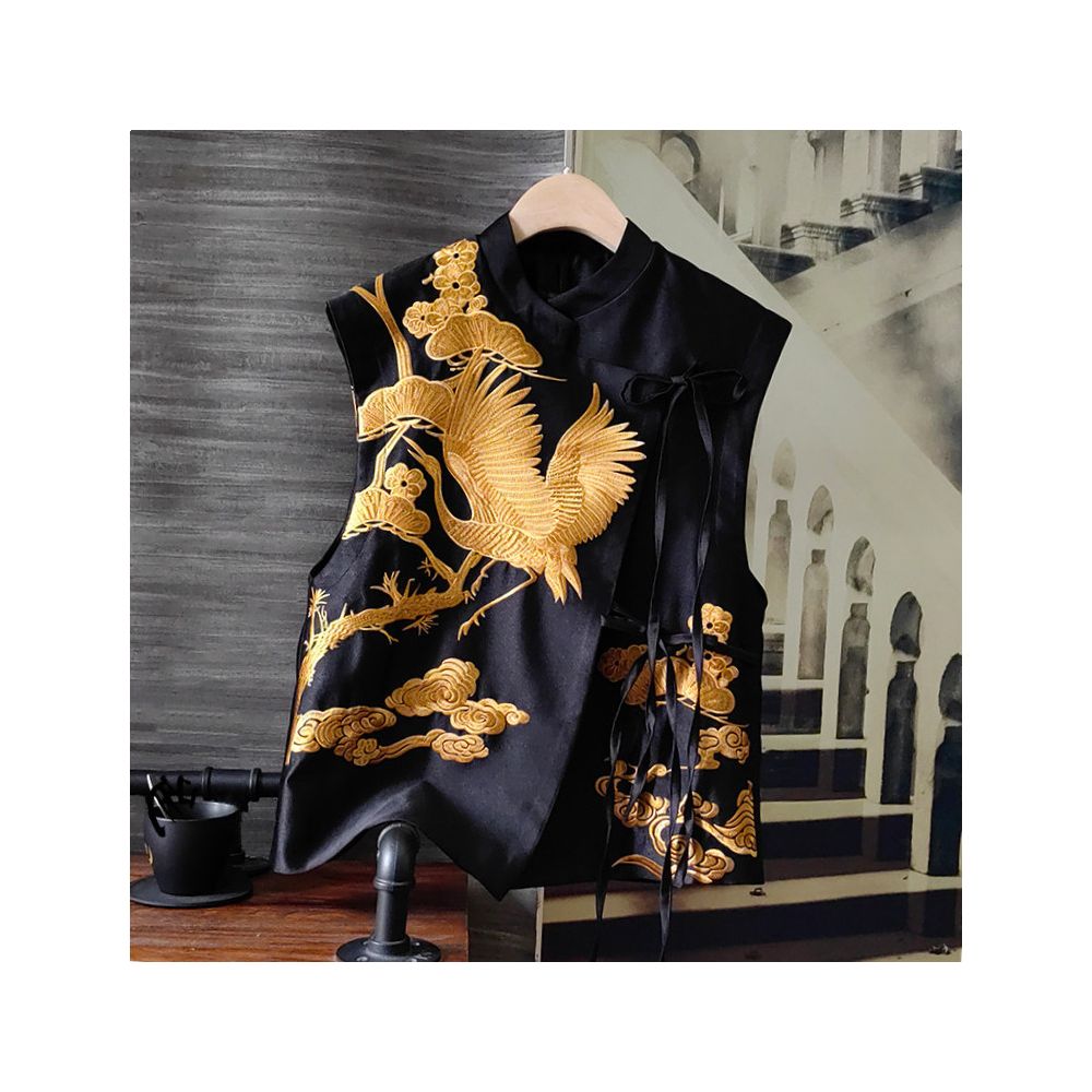 Big brand discount clearance picking up leaks crane embroidery vest vest vest 2025 spring and autumn diagonal collar binding Chinese style jacket for women image 0