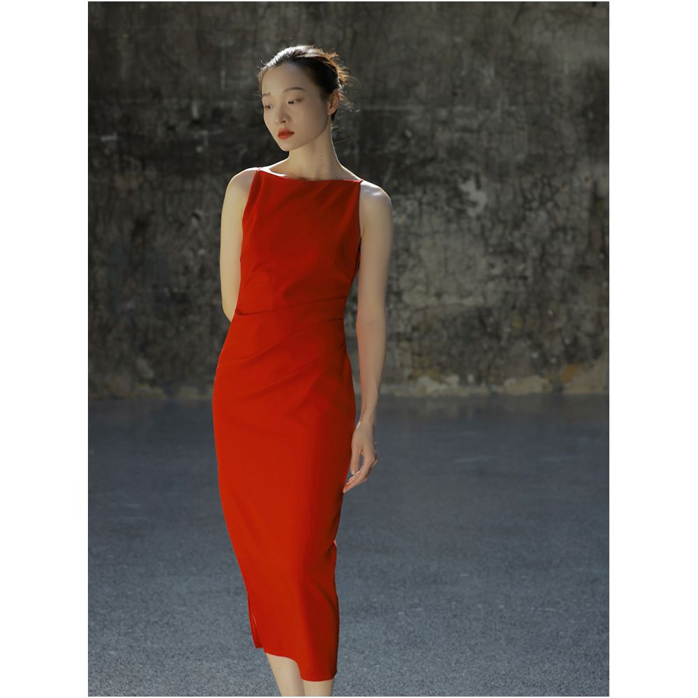 Cerfmia Little Deer Mia Tiffany French Strap Medium length Dress Summer Bride Engagement Red Dress Toast Dress image 2