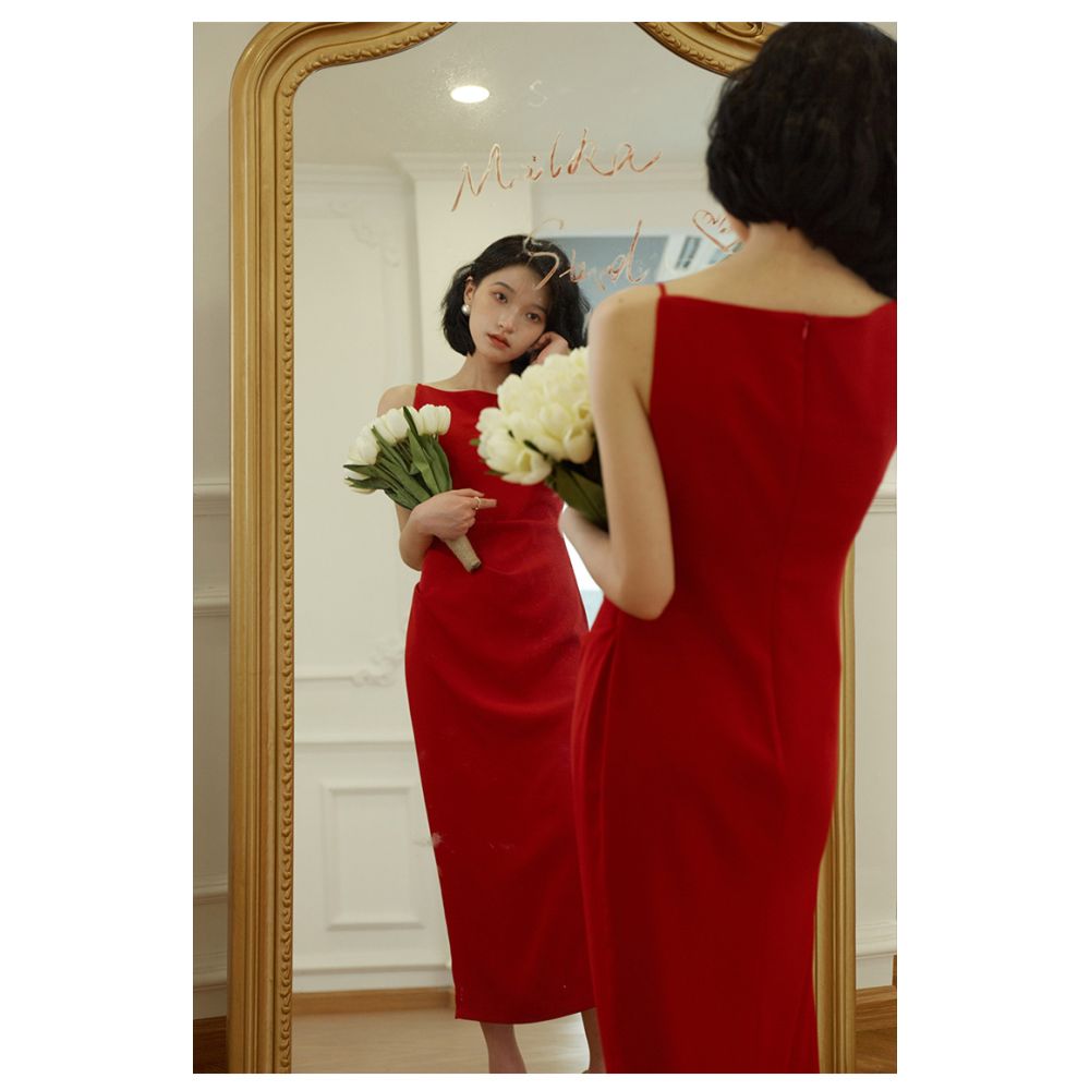 Cerfmia Little Deer Mia Tiffany French Strap Medium length Dress Summer Bride Engagement Red Dress Toast Dress image 13
