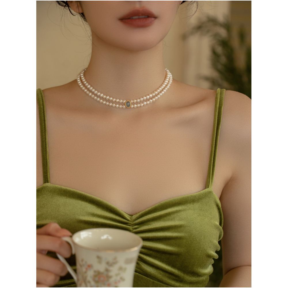 AOILDLI freshwater pearl necklace sweater chain double layered neck chain retro niche design choker collarbone chain for women image 4