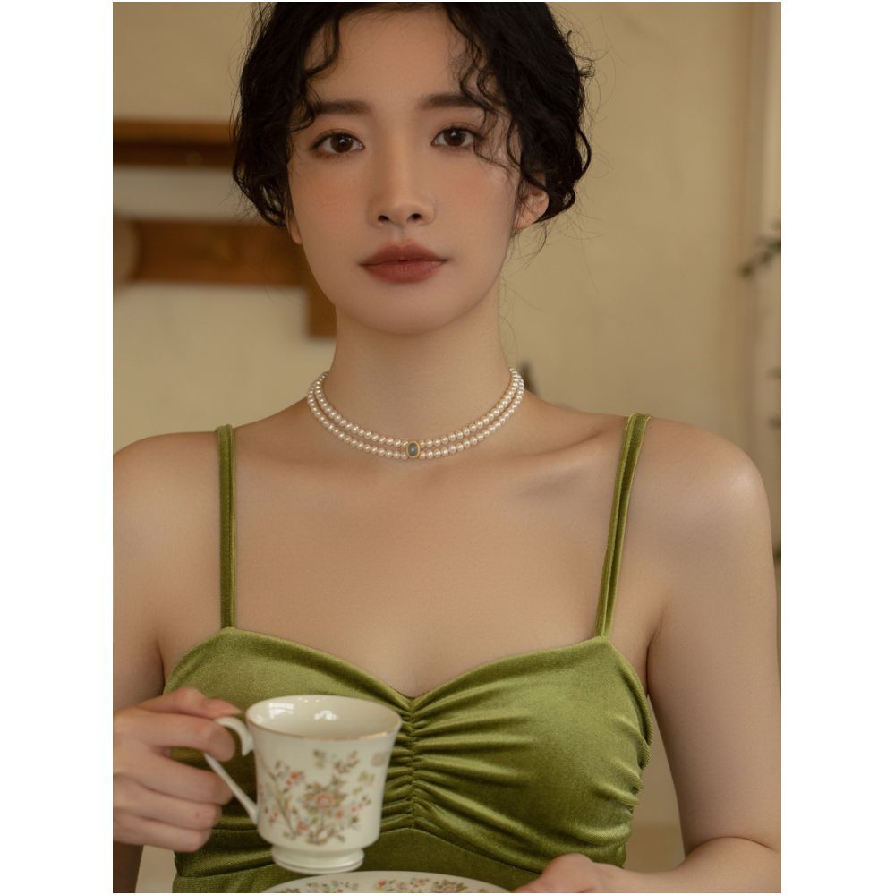 AOILDLI freshwater pearl necklace sweater chain double layered neck chain retro niche design choker collarbone chain for women image 5