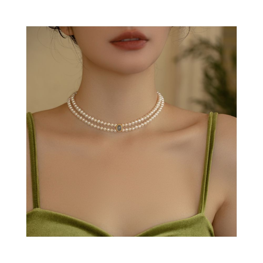 Asaya2169 : AOILDLLI pearl necklace sweater chain double-layer necklace retro niche design choker chain