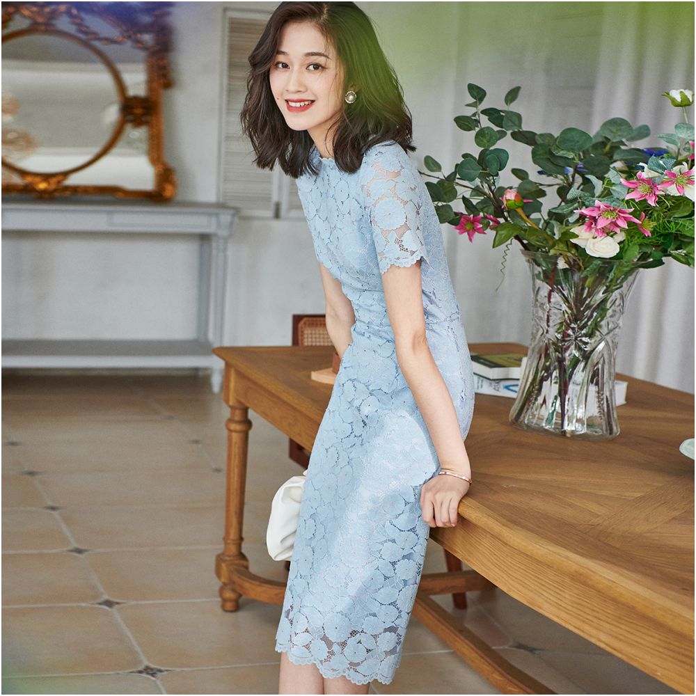 Autumn slimming lace blue dress 474 short sleeved temperament French high waisted breathable small and stylish A line skirt image 16