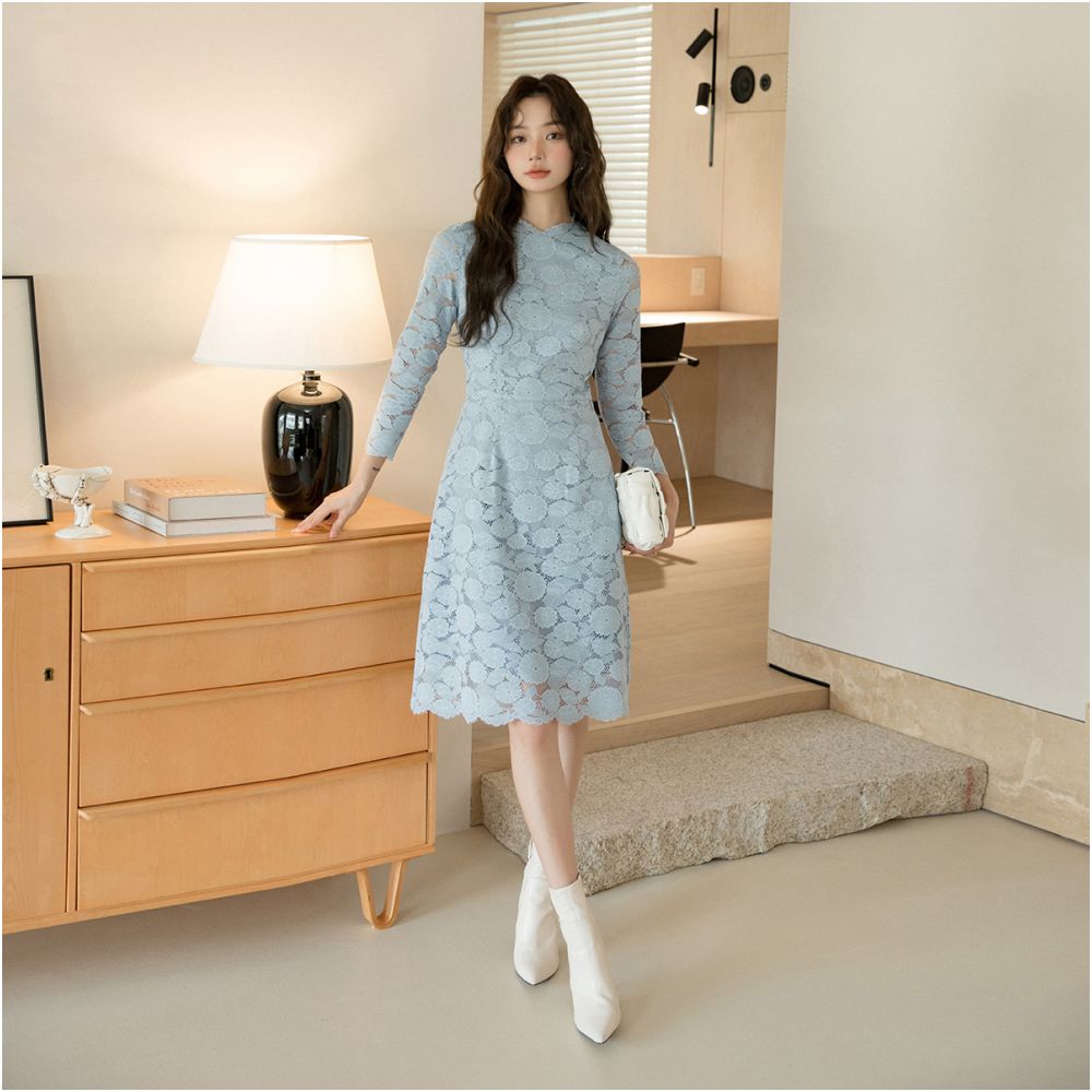 Autumn slimming lace blue dress 474 short sleeved temperament French high waisted breathable small and stylish A line skirt image 20