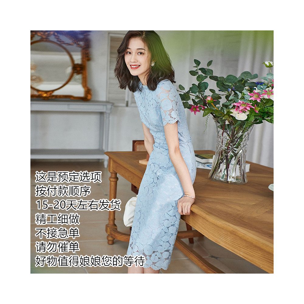 Autumn slimming lace blue dress 474 short sleeved temperament French high waisted breathable small and stylish A line skirt image 39