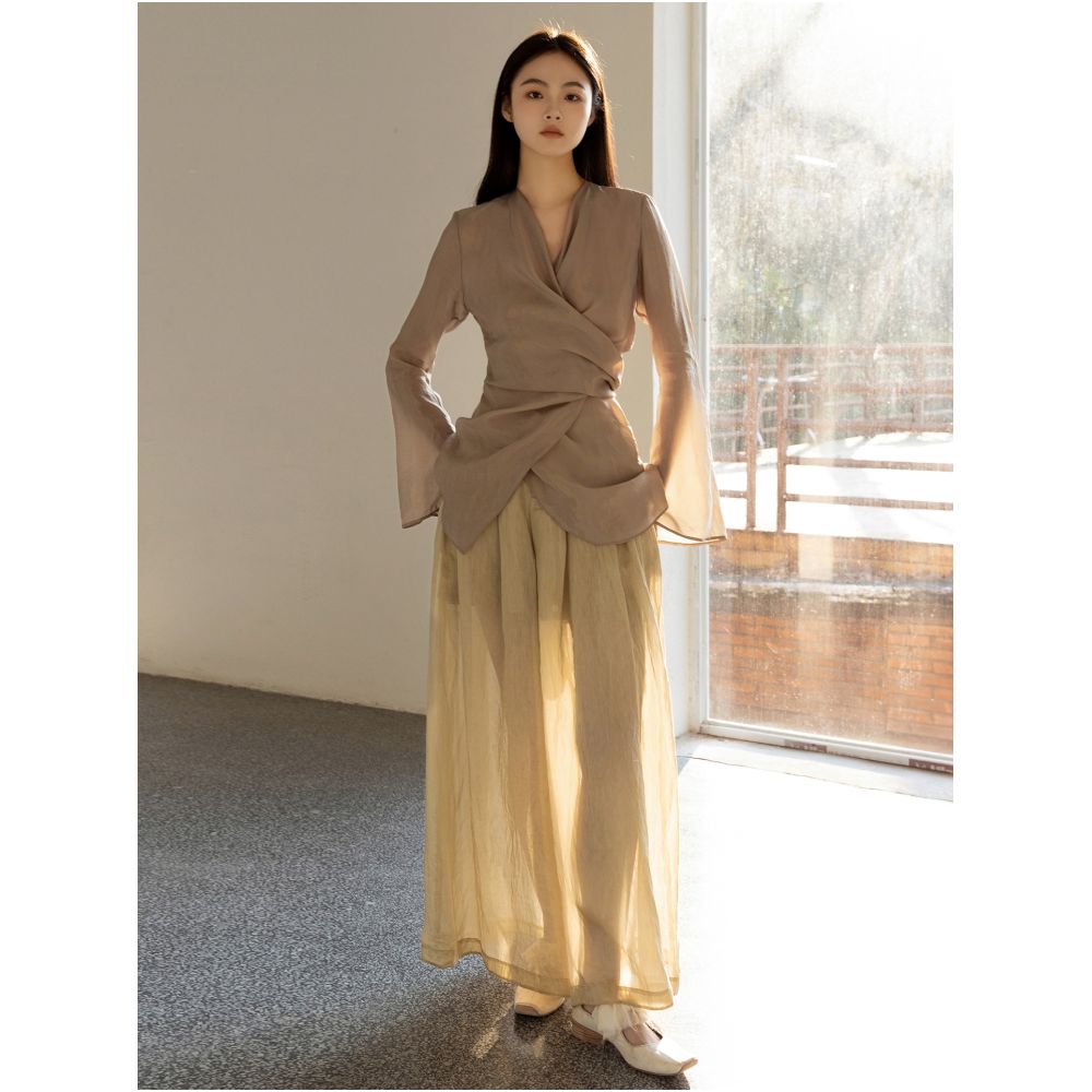 Silk fabric wrap around slim fit V neck flared sleeve small shirt with elegant temperament long sleeved top for women sold out but not restocked image 22