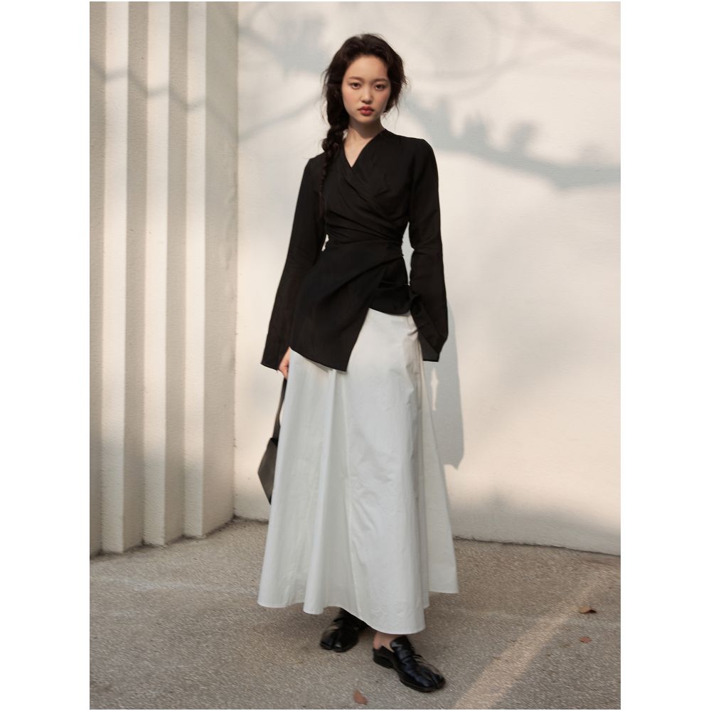 Silk fabric wrap around slim fit V neck flared sleeve small shirt with elegant temperament long sleeved top for women sold out but not restocked image 9