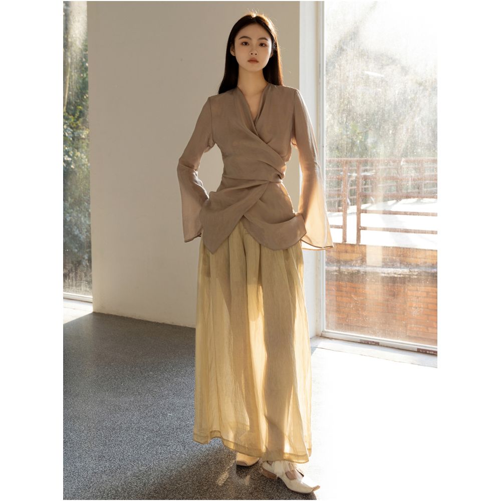 Silk fabric wrap around slim fit V neck flared sleeve small shirt with elegant temperament long sleeved top for women sold out but not restocked image 17