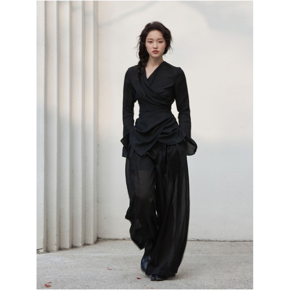 Glossy high waisted hanging thin Lyocell linen wide leg pants for women with Zen style loose and slimming pants design sense image 14
