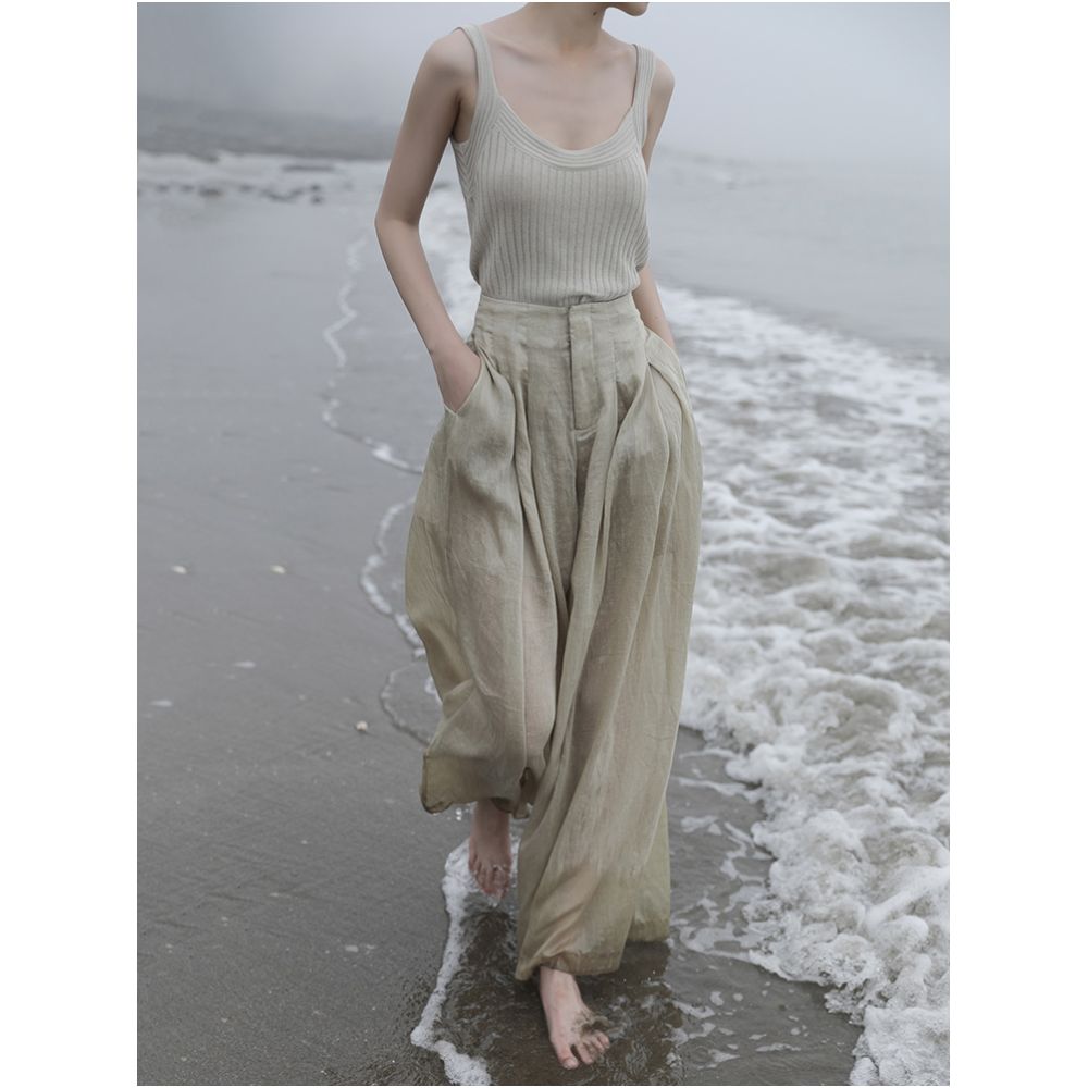 Glossy high waisted hanging thin Lyocell linen wide leg pants for women with Zen style loose and slimming pants design sense image 23