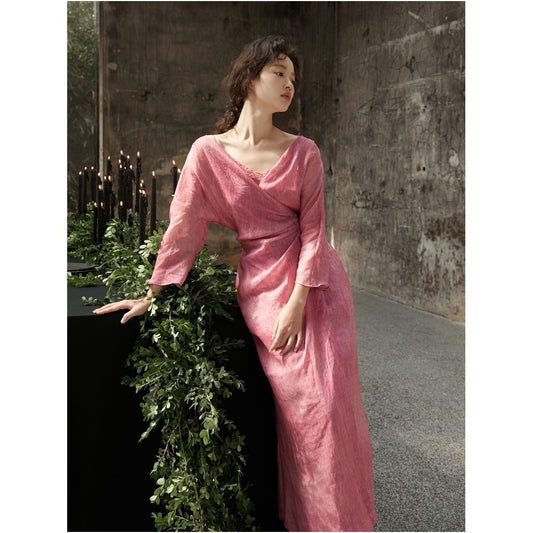 Asaya2156 : Wrap-style tie design dress with V neck collar