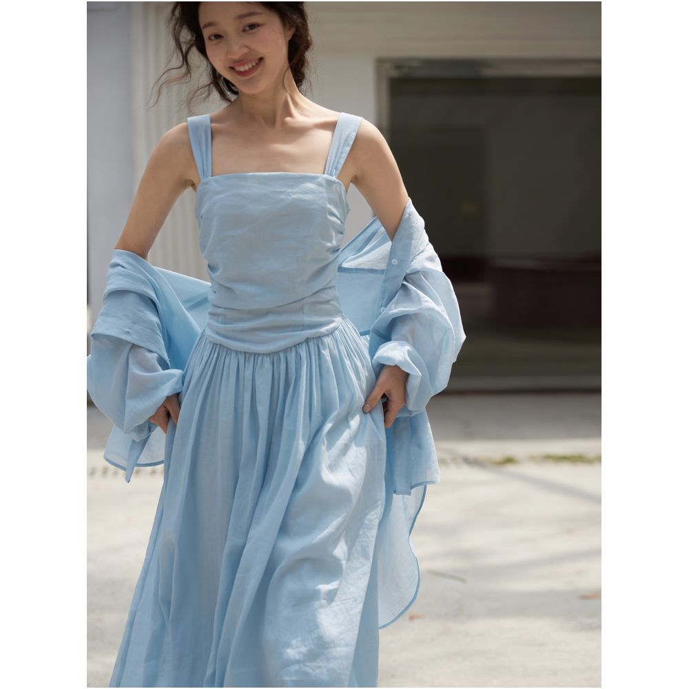 April Day in the Human World White Hemp Cotton Set Retro Curved Waist Strap Skirt Small Lantern Sleeve Shirt for Women image 1