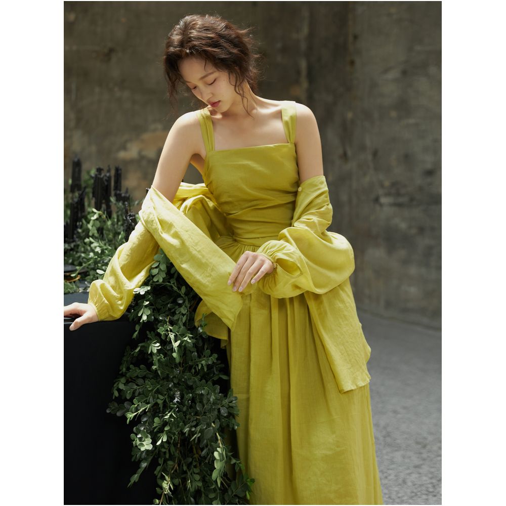 April Day in the Human World White Hemp Cotton Set Retro Curved Waist Strap Skirt Small Lantern Sleeve Shirt for Women image 16