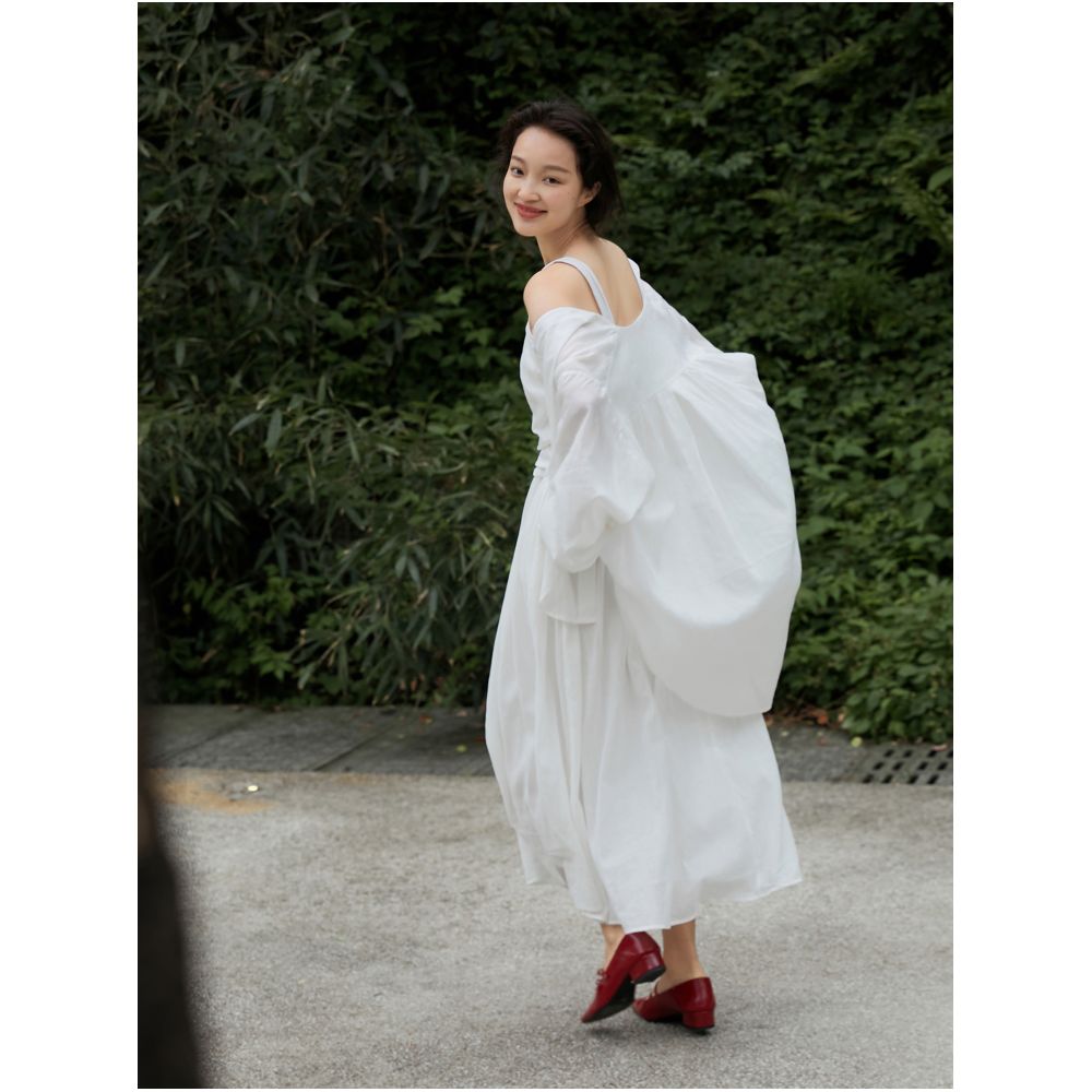 April Day in the Human World White Hemp Cotton Set Retro Curved Waist Strap Skirt Small Lantern Sleeve Shirt for Women image 47