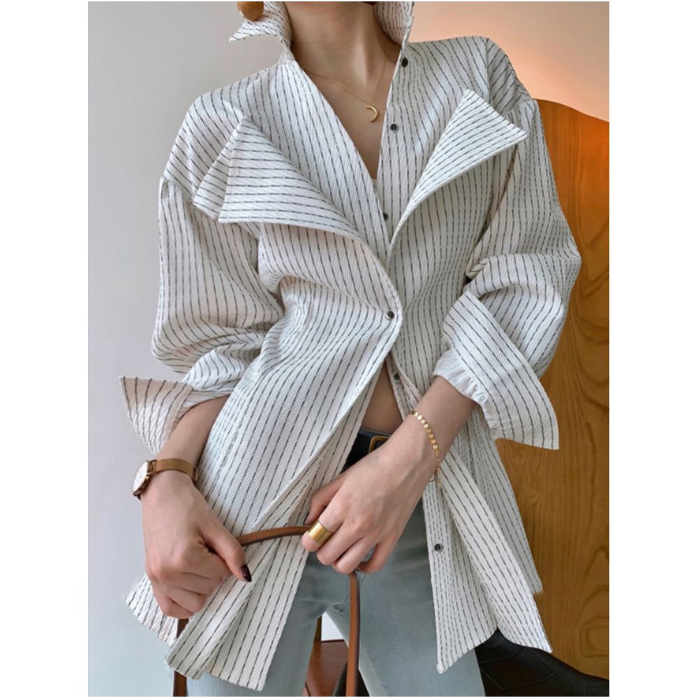 Single breasted lapel striped temperament commuting work waist cinched shirt 2024 autumn new light mature casual shirt for women image 0