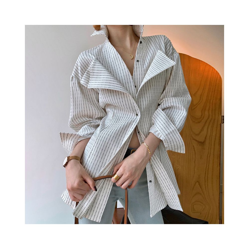 Single breasted lapel striped temperament commuting work waist cinched shirt 2024 autumn new light mature casual shirt for women image 11