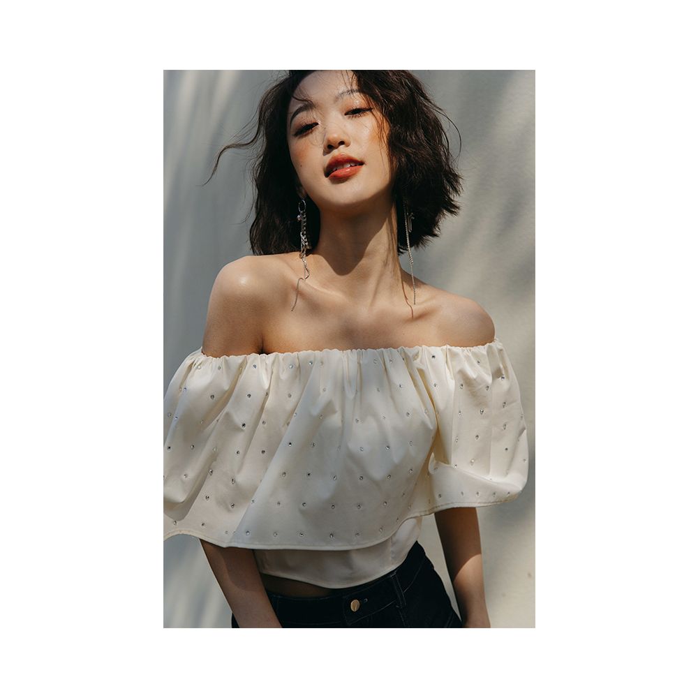 Rosebanks Shining Diamond Candy Heavy Industry Diamond studded Beads One Collar Ruffle Short High Waist Shirt image 9