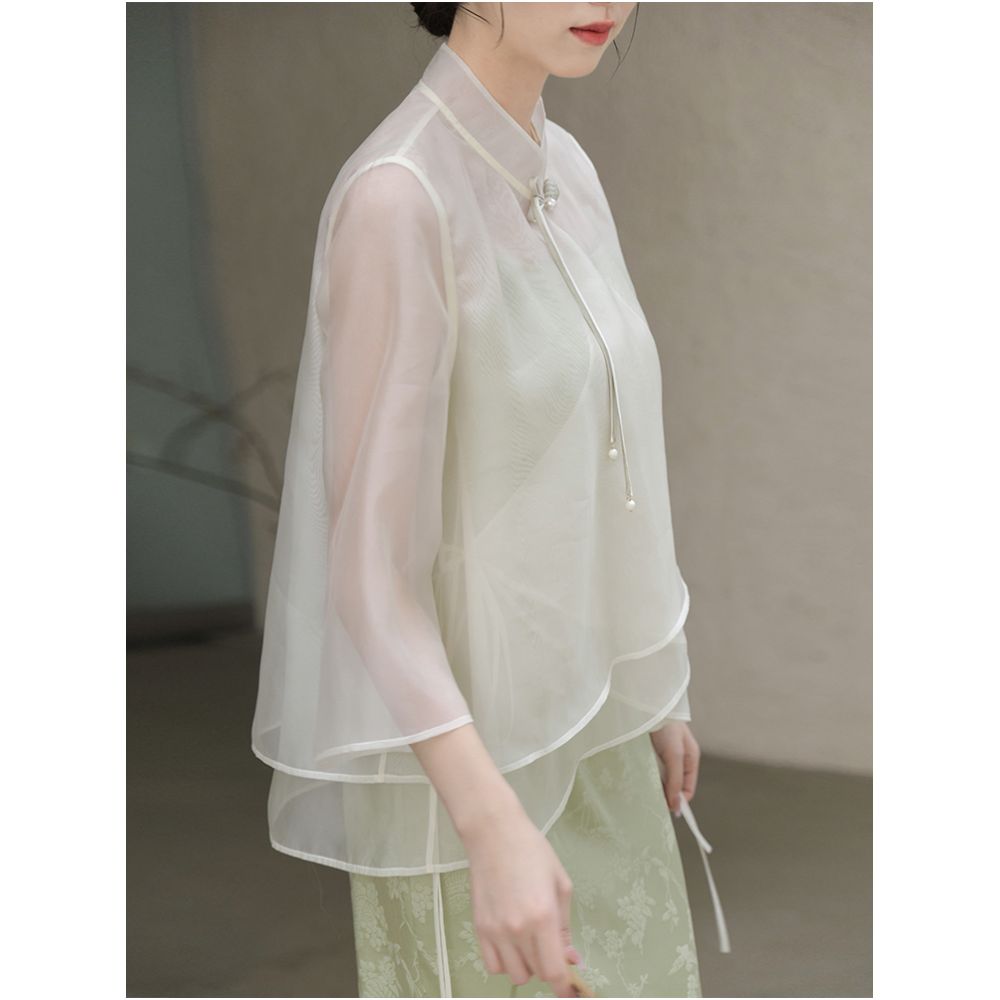 Mountain Colored Spring and Summer New Chinese Top Original Daily Chinese Style Retro Women s Zen Tea Clothes Strap Skirt Set image 1